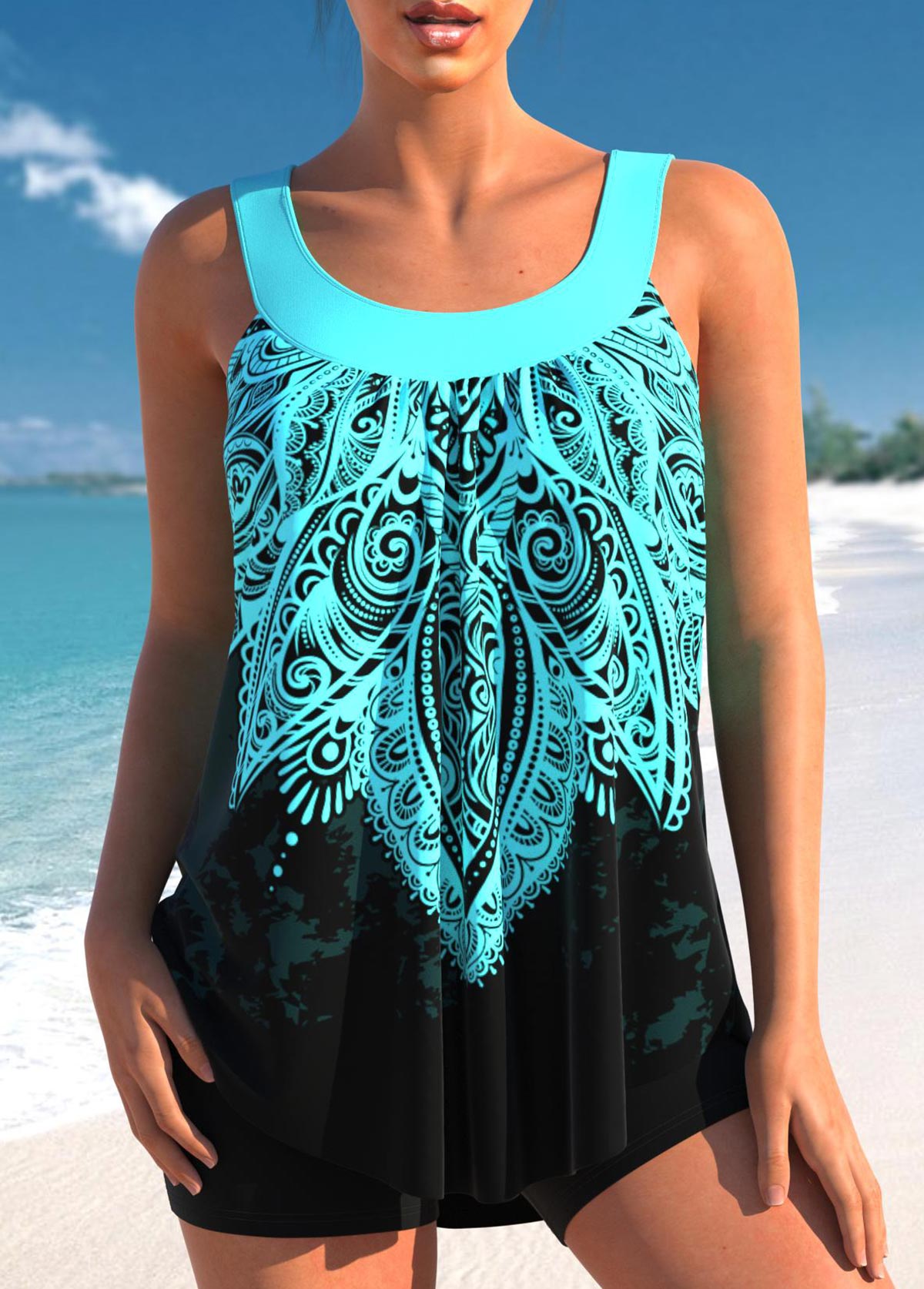 Bañador Tankini de Talle Alto para Mujer con Top Ombré y Pantalón Corto