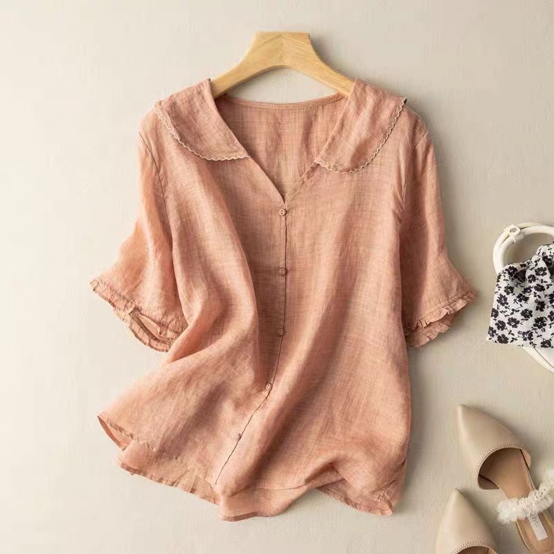 Blusa de Lino Estilo Vintage con Cuello Festoneado y Botones para Mujer