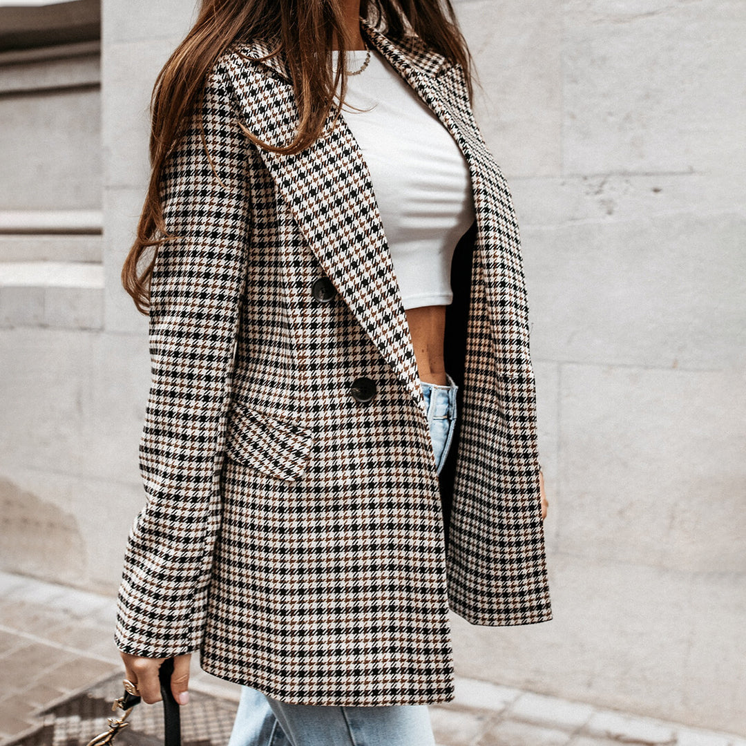 Blazer de Pata de Gallo Entallado con Doble Botonadura y Solapa Clásica para Mujer