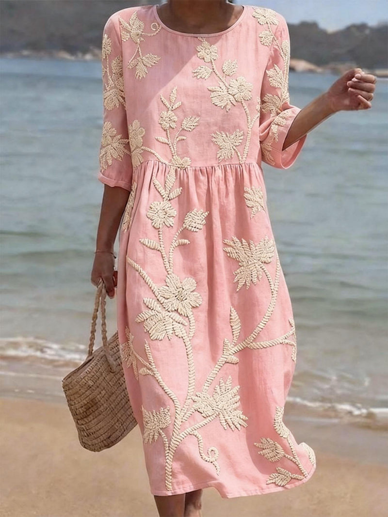 Vestido midi mujer bordado floral cuello redondo cómodo