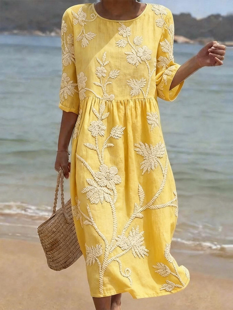 Vestido midi mujer bordado floral cuello redondo cómodo