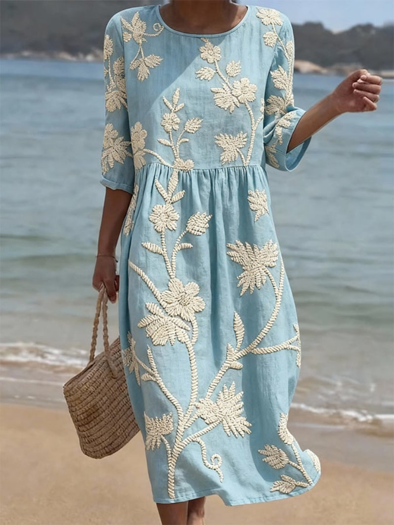 Vestido midi mujer bordado floral cuello redondo cómodo