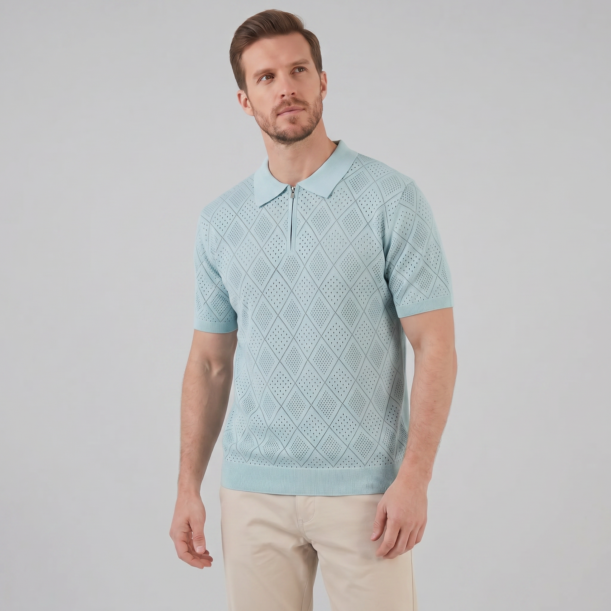 Polo para hombre con cremallera y punto calado — vacaciones