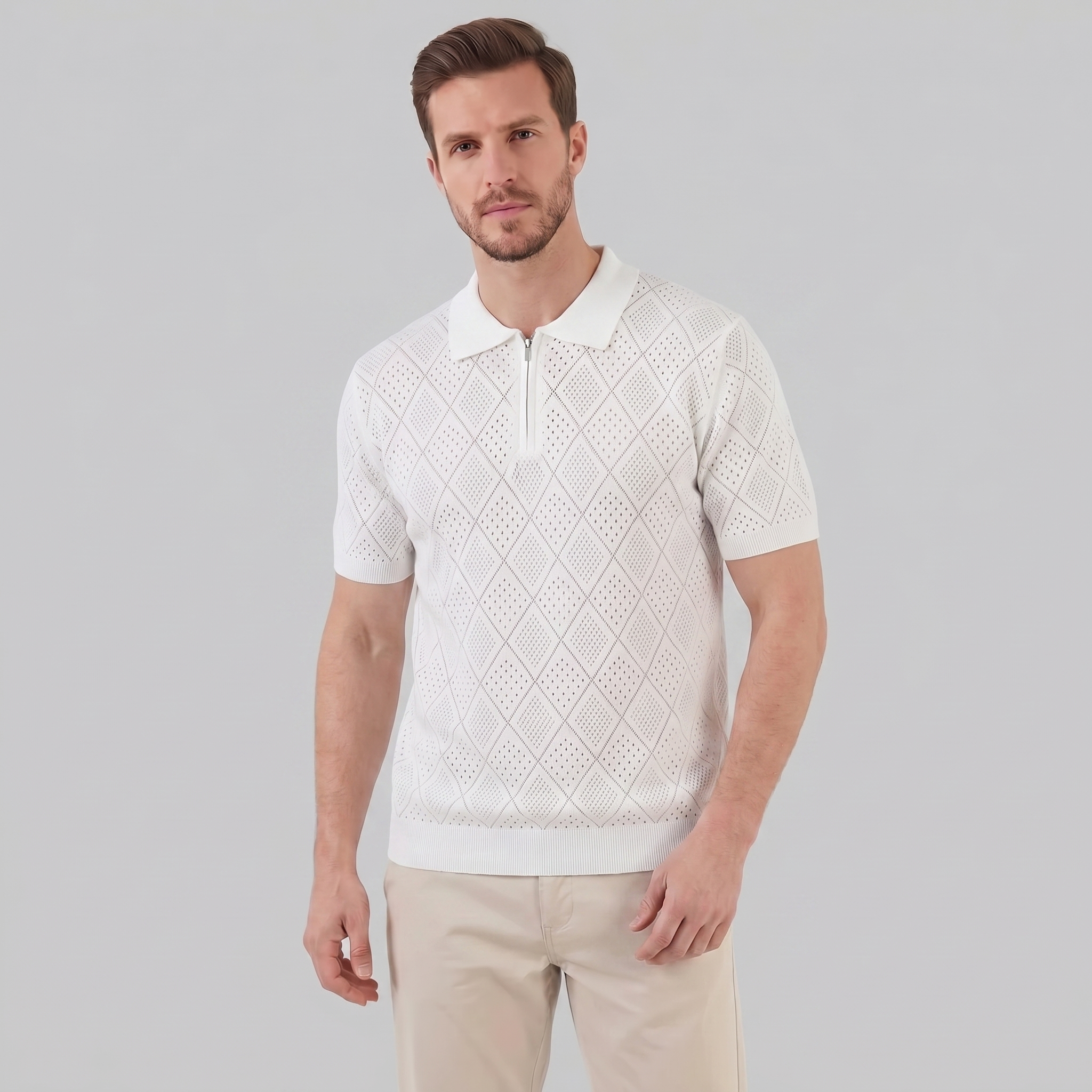 Polo para hombre con cremallera y punto calado — vacaciones