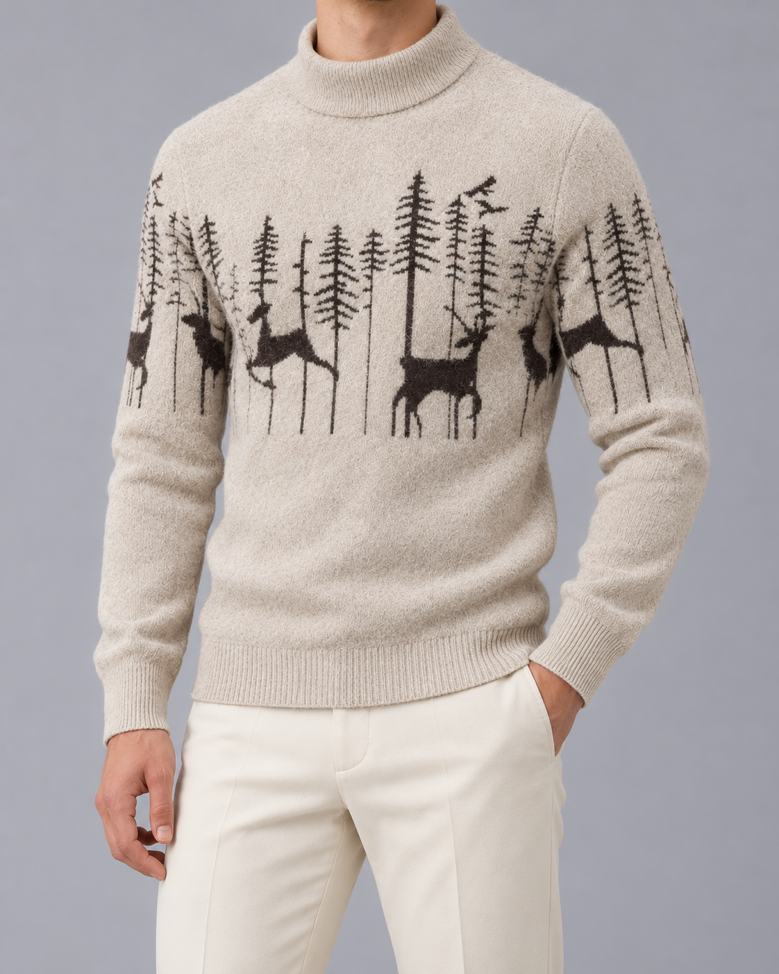 Jersey Navideño de Punto Suave para Hombre con Cuello Alto y Corte Entallado
