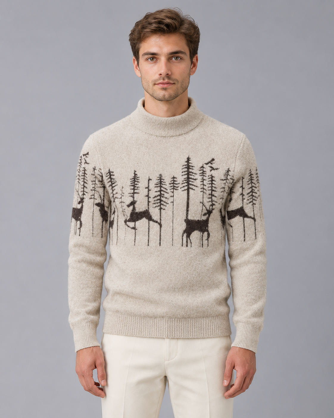 Jersey Navideño con Renos para Hombre de Cuello Alto y Textura de Punto Cepillado