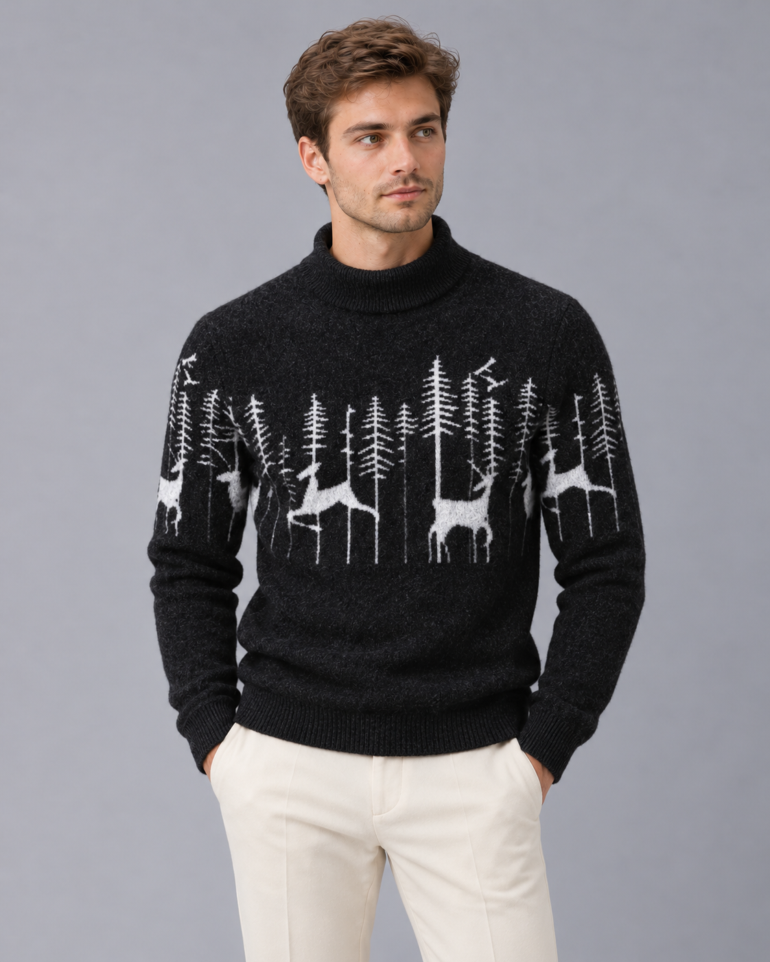 Jersey Navideño con Renos para Hombre de Cuello Alto y Textura de Punto Cepillado