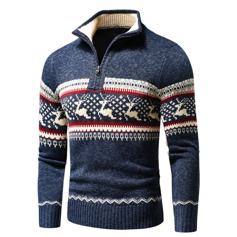 Jersey Navideño de Punto Grueso para Hombre con Media Cremallera y Cuello Alto