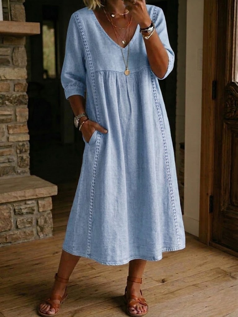Vestido midi mujer cuello en V corte fluido casual