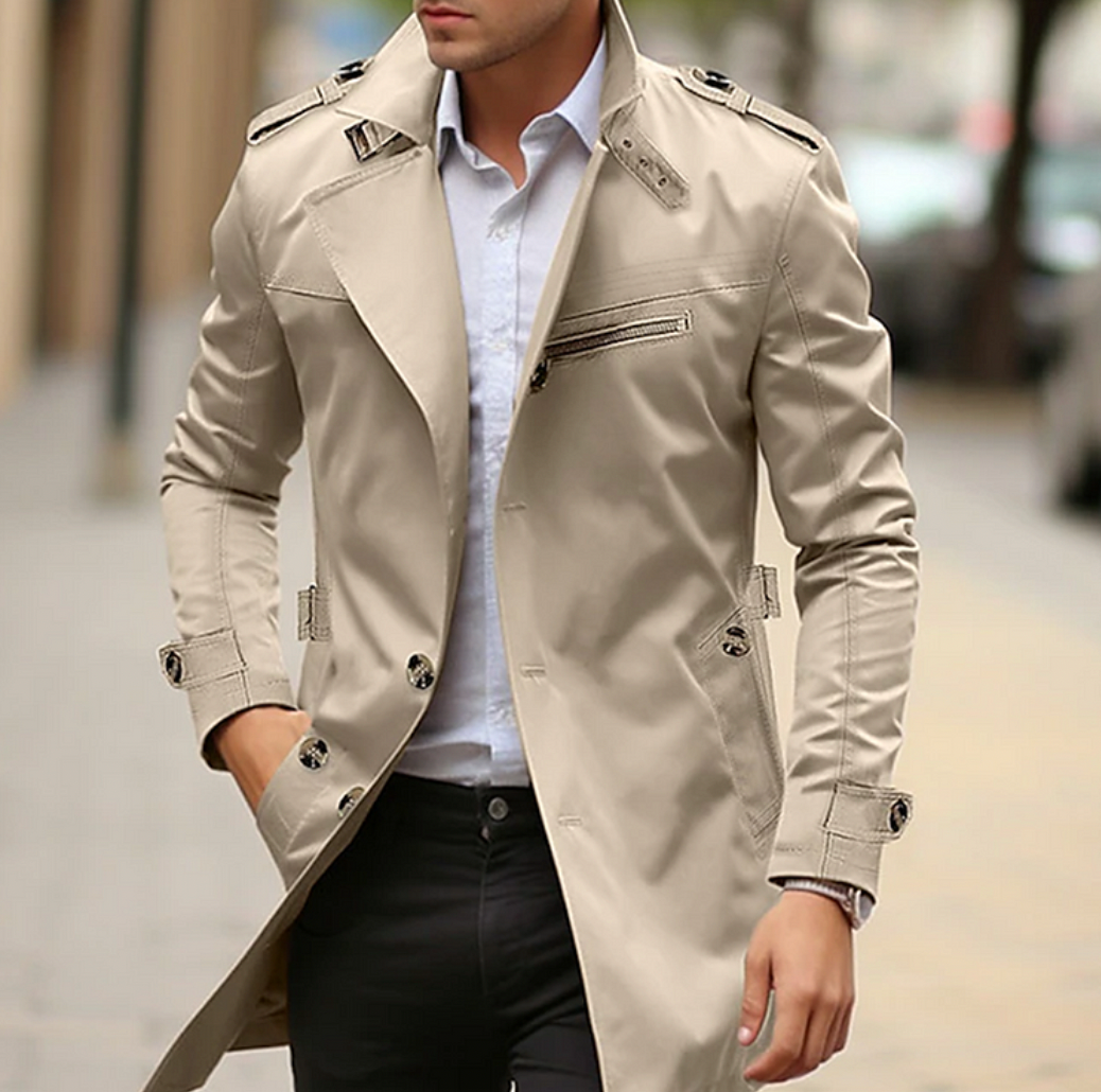 Gabardina de Hombre con Hombreras y Cuello Estructurado de Corte Ajustado
