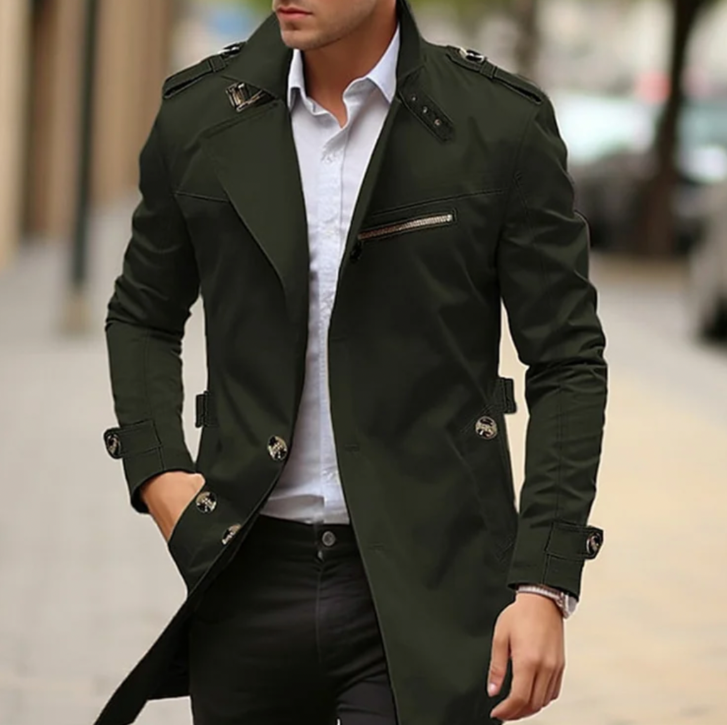 Gabardina de Hombre con Hombreras y Cuello Estructurado de Corte Ajustado