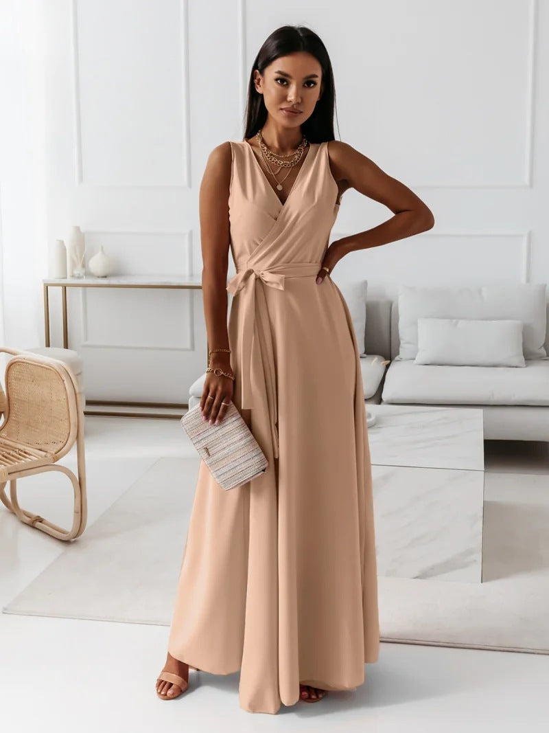 Vestido de Invitada de Boda con Escote en V y Falda Maxi Fluida para Mujer