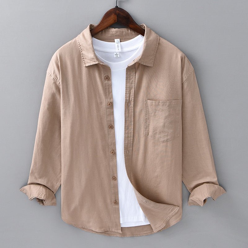 Camisa de Algodón y Lino para Hombre de Manga Larga con Cuello de Solapa y Botones