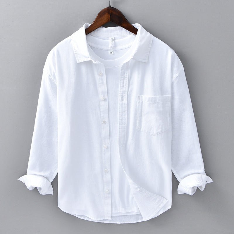 Camisa de Algodón y Lino para Hombre de Manga Larga con Cuello de Solapa y Botones