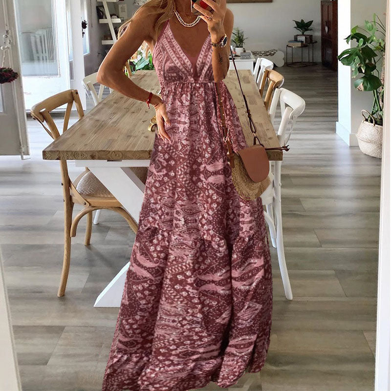 Vestido Maxi de Tirantes Finos con Cuello en V y Estampado Bohemio para Mujer