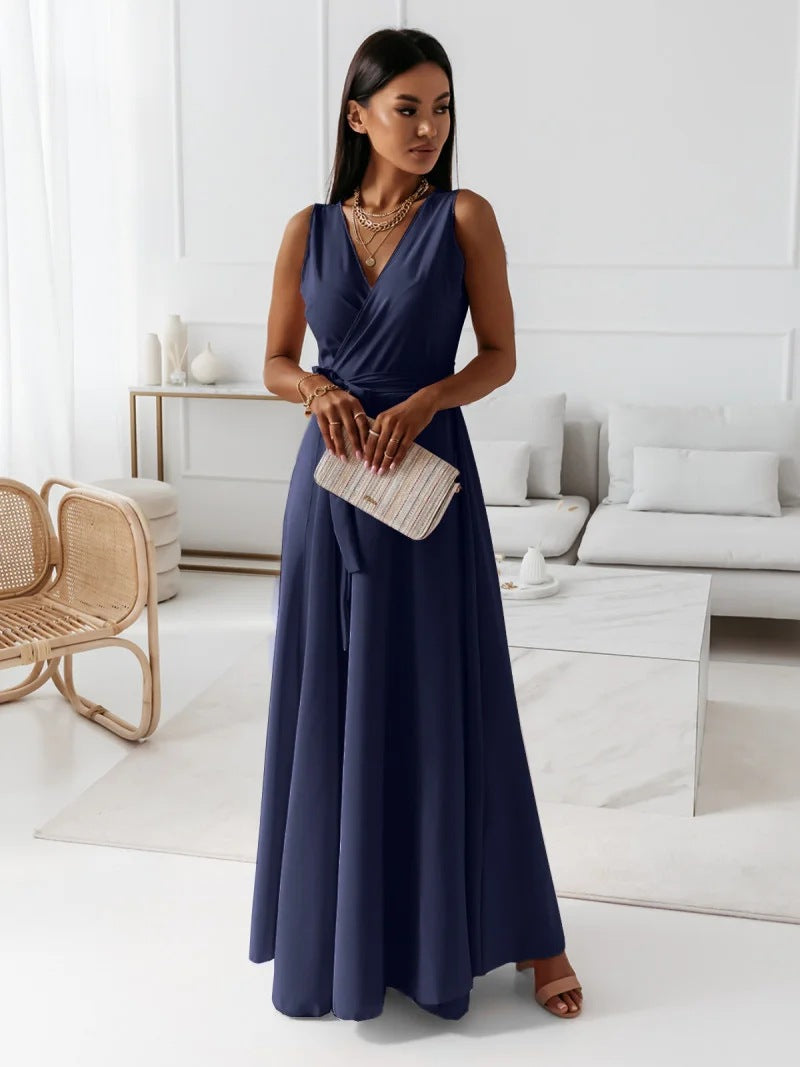 Vestido de Invitada de Boda con Escote en V y Falda Maxi Fluida para Mujer