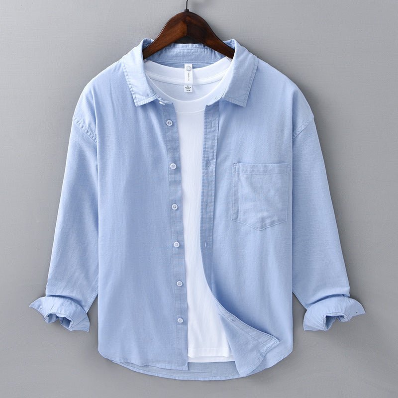Camisa de Algodón y Lino para Hombre de Manga Larga con Cuello de Solapa y Botones