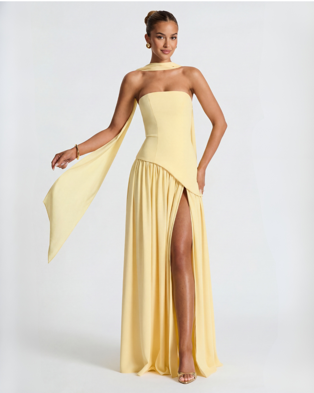 Vestido largo mujer — corpiño palabra de honor y cuello drapeado | fiesta