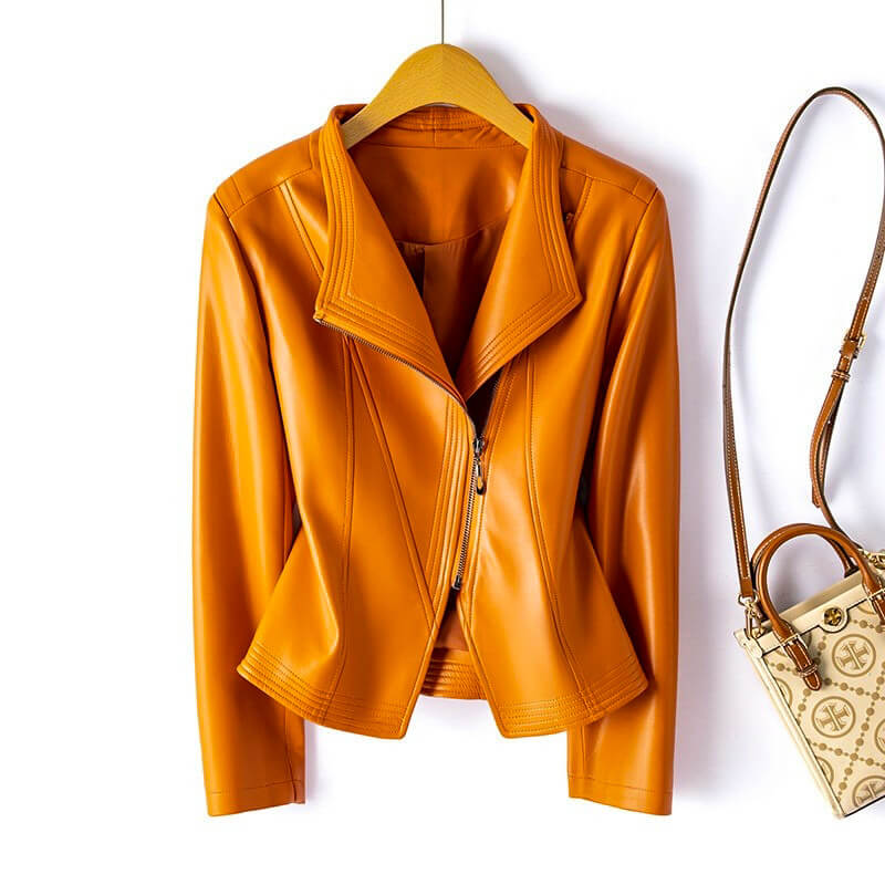 Chaqueta Biker de Cuero Sintético para Mujer con Cremallera Asimétrica y Solapa Ancha
