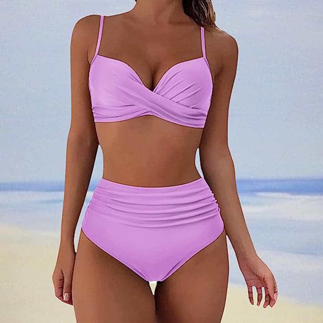 Bikini de Talle Alto con Top de Frente Cruzado y Laterales Fruncidos