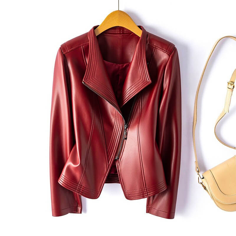 Chaqueta Biker de Cuero Sintético para Mujer con Cremallera Asimétrica y Solapa Ancha