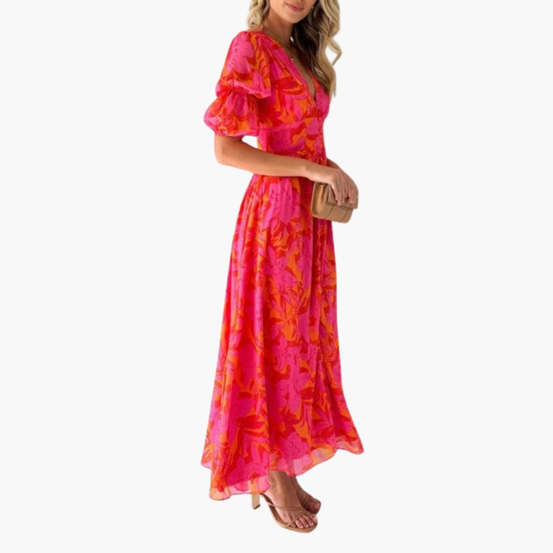 Vestido Maxi de Mujer con Cuello en V y Mangas Abullonadas con Estampado Floral