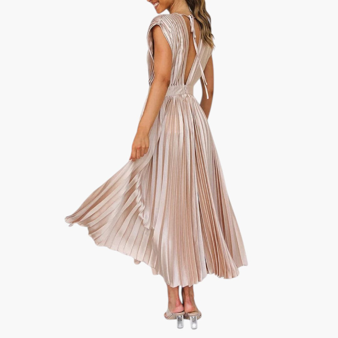Vestido Midi de Mujer con Cuello en V y Falda Plisada con Vuelo