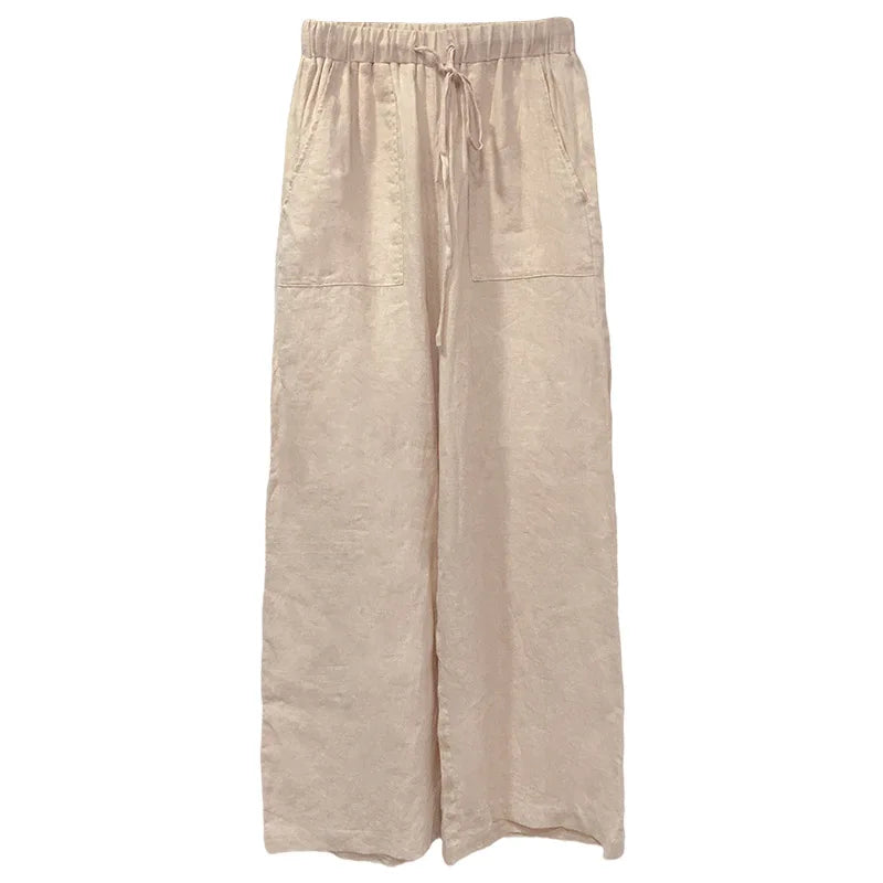 Pantalones de Lino para Mujer con Cordón Ajustable y Bolsillos de Parche