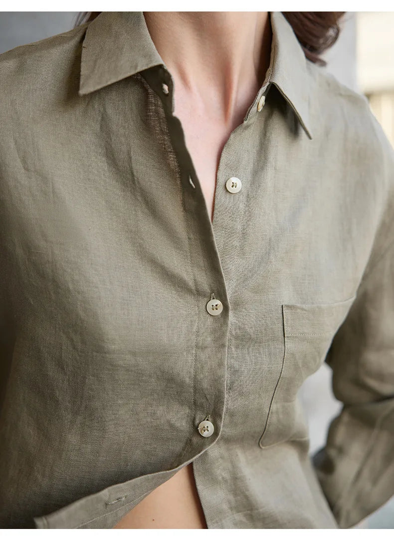 Short Linen Shirt for Women with Oversize Cut, V-Neck, and Buttons
