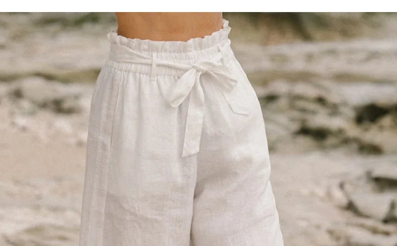 Pantalones de Lino para Mujer de Pierna Ancha con Cintura Elástica y Lazo