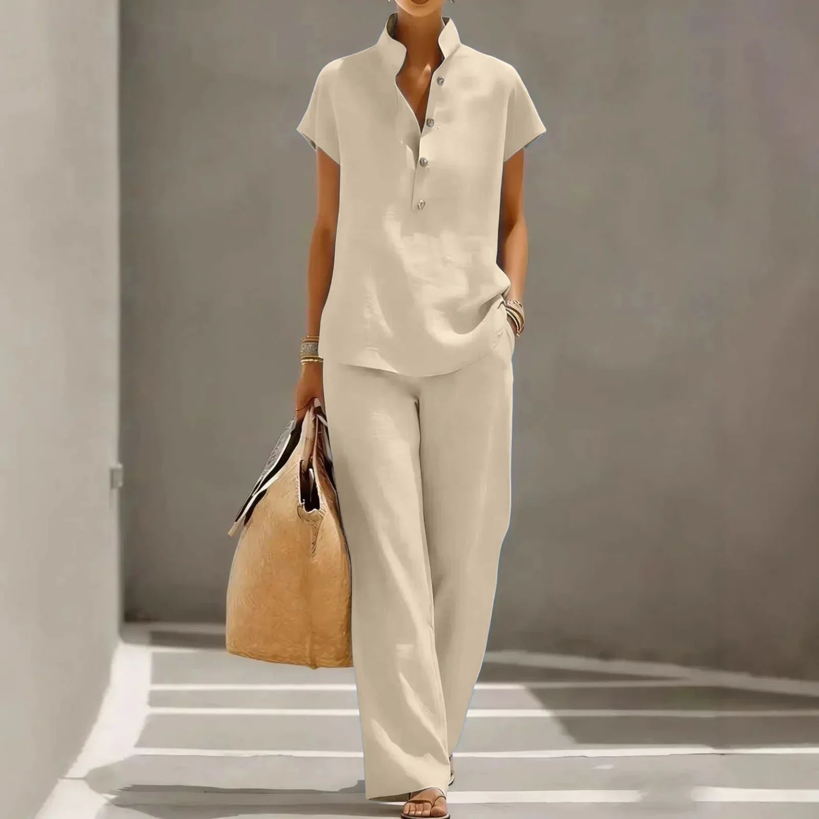 Conjunto de dos piezas para mujer - mezcla de lino - pantalón ancho casual