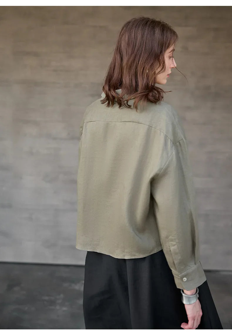 Short Linen Shirt for Women with Oversize Cut, V-Neck, and Buttons