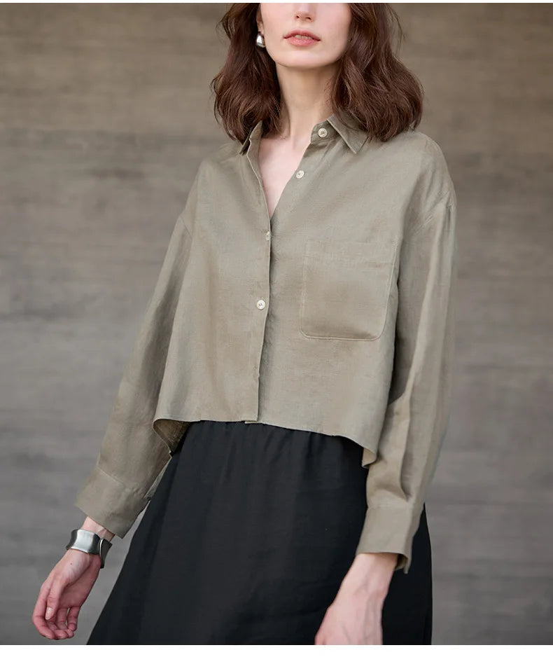 Short Linen Shirt for Women with Oversize Cut, V-Neck, and Buttons