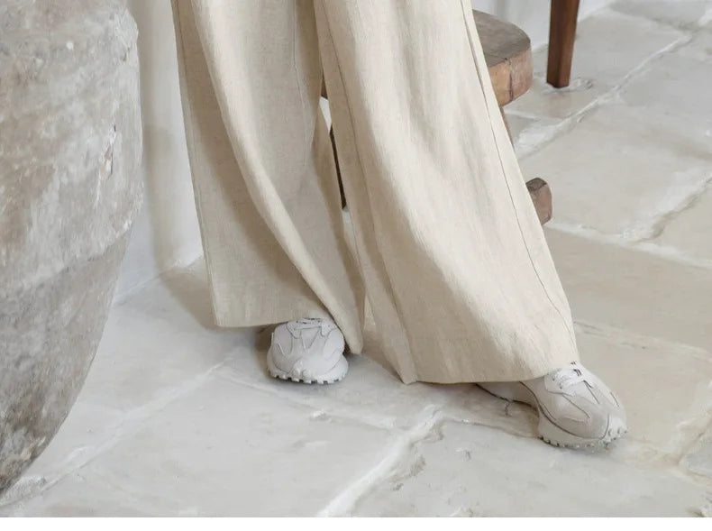 Pantalones de Lino para Mujer de Pierna Ancha con Cintura Elástica y Lazo
