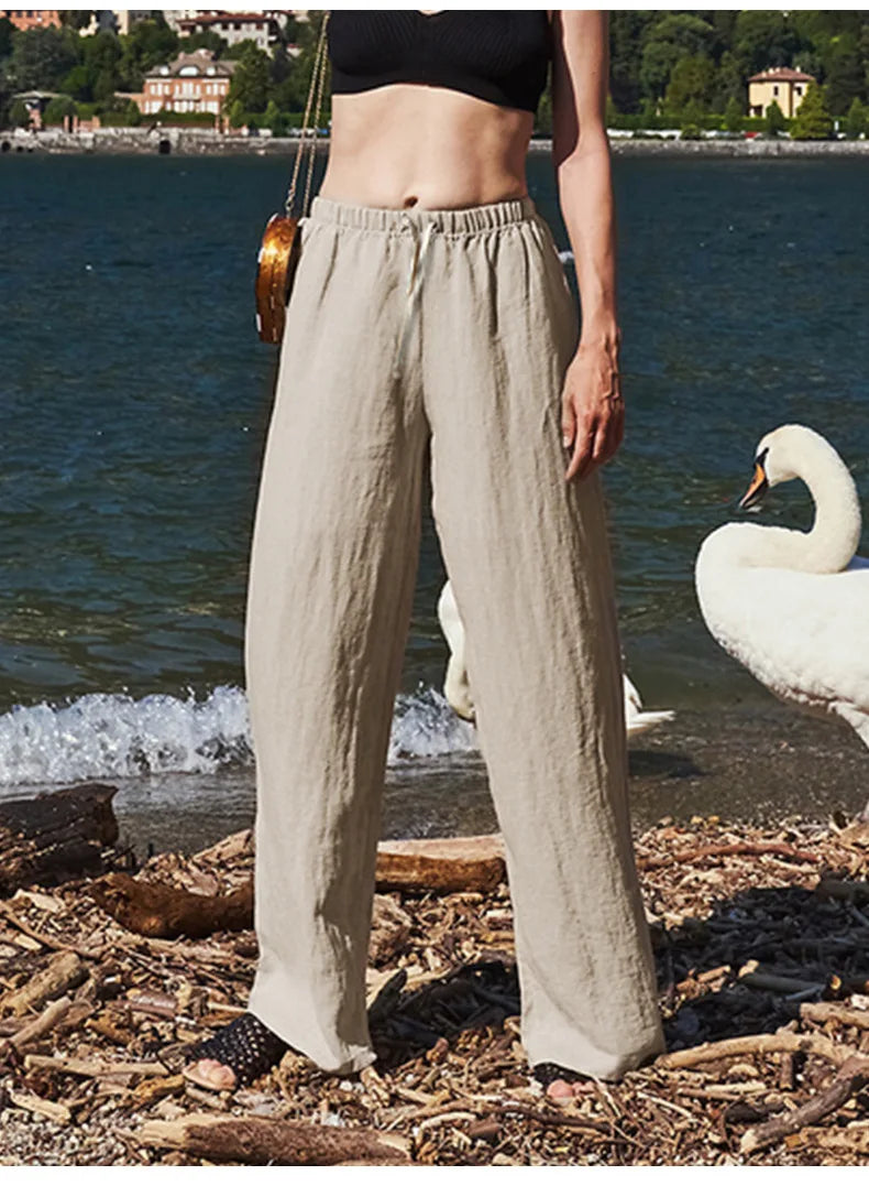 Pantalones de Playa para Mujer de Pierna Ancha en Mezcla de Lino y Algodón