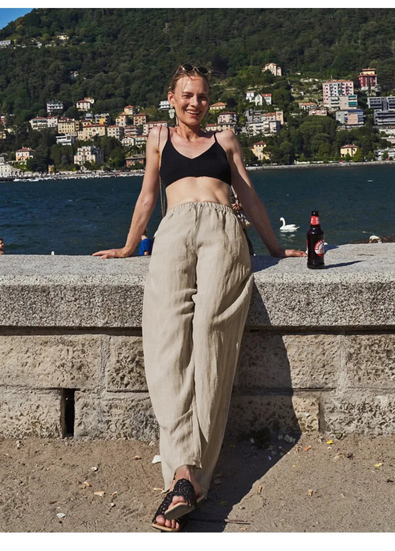 Pantalones de Playa para Mujer de Pierna Ancha en Mezcla de Lino y Algodón