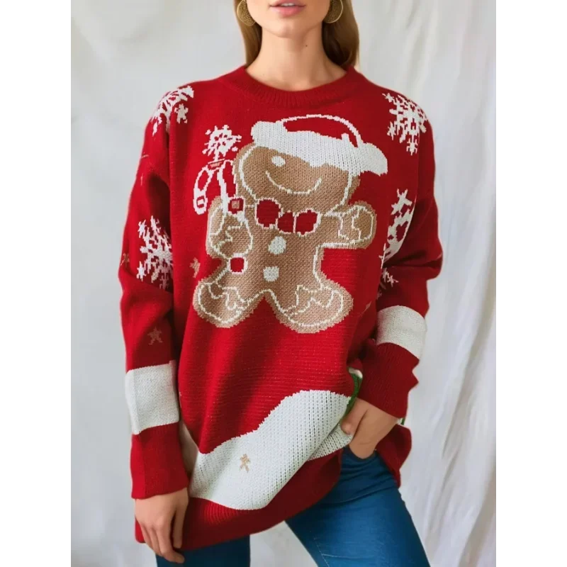 Pull de Noël en maille pour femme avec bonhomme de neige et col rond