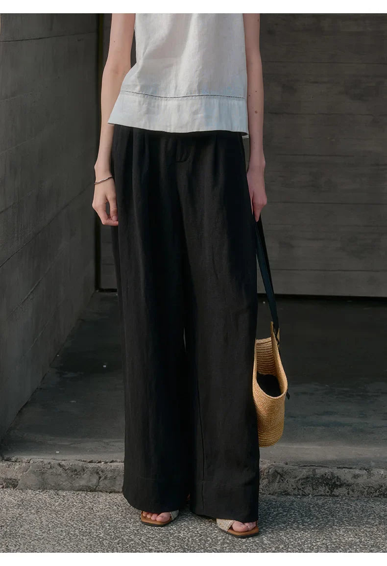 Pantalones de Lino de Pierna Ancha con Cintura Alta y Elástica para Mujer