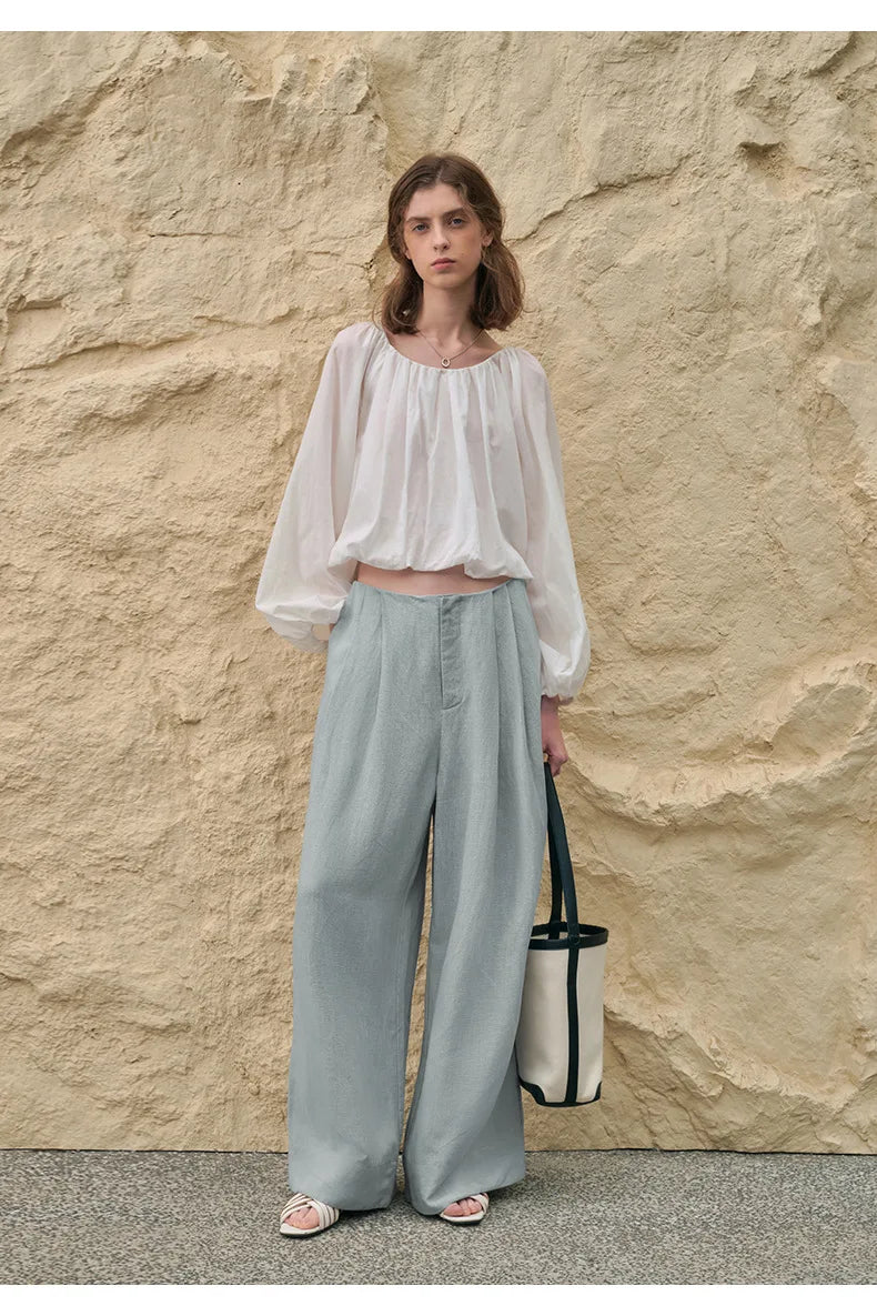 Pantalones de Lino de Pierna Ancha con Cintura Alta y Elástica para Mujer