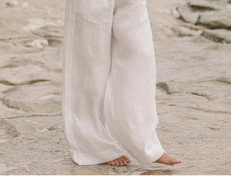 Pantalones de Lino para Mujer de Pierna Ancha con Cintura Elástica y Lazo