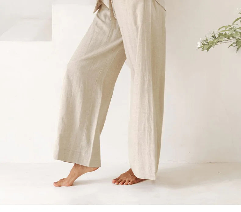 Pantalones de Lino para Mujer de Pierna Ancha con Cintura Elástica y Lazo