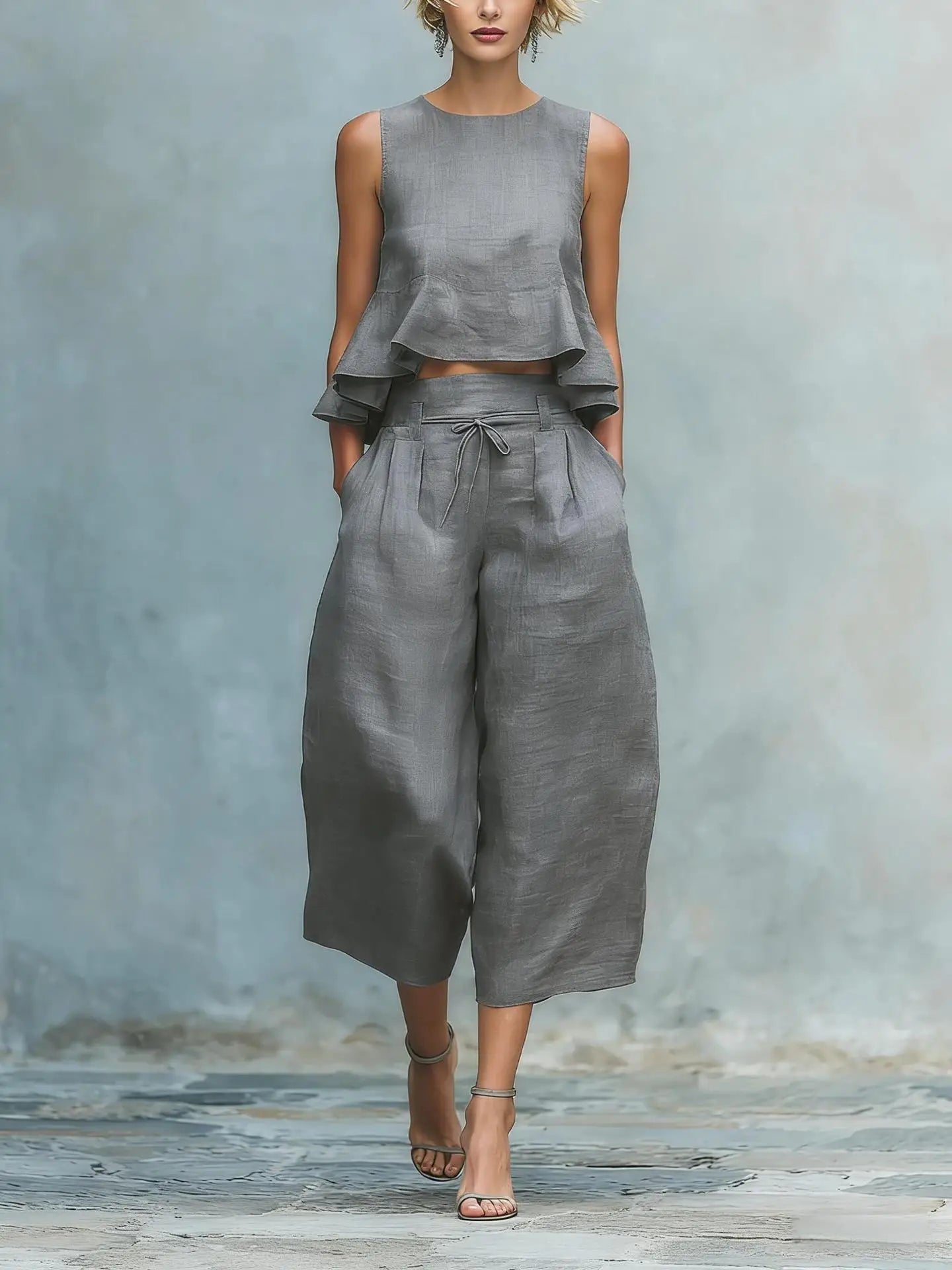 Conjunto de dos piezas para mujer con crop top de lino y pantalón ancho