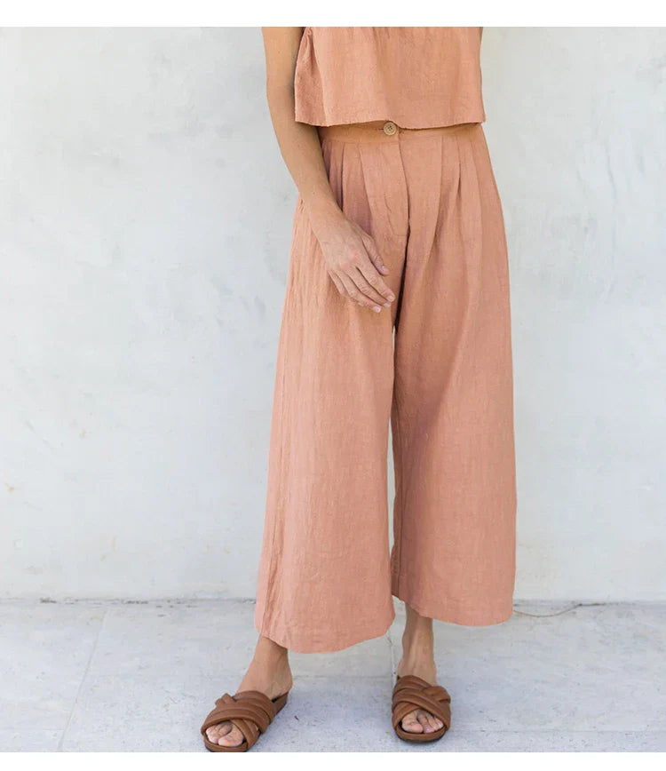 Culottes de Lino para Mujer con Talle Alto y Pliegues Frontales