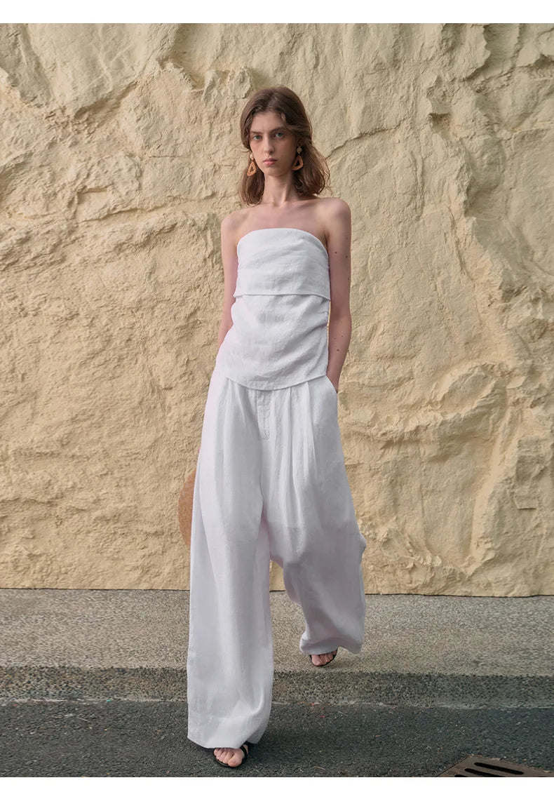 Pantalones de Lino de Pierna Ancha con Cintura Alta y Elástica para Mujer