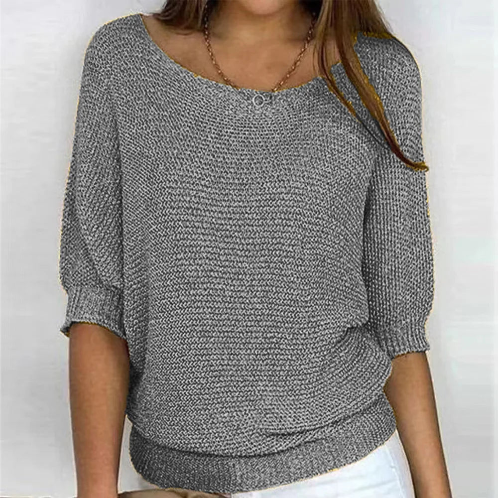 Jersey de punto para mujer con cuello redondo y manga francesa tres cuartos
