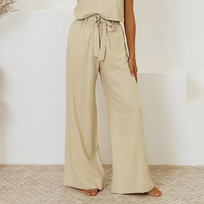 Pantalones de Lino para Mujer de Pierna Ancha con Cintura Elástica y Lazo