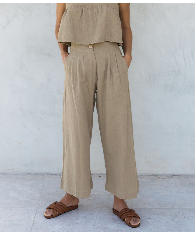 Culottes de Lino para Mujer con Talle Alto y Pliegues Frontales