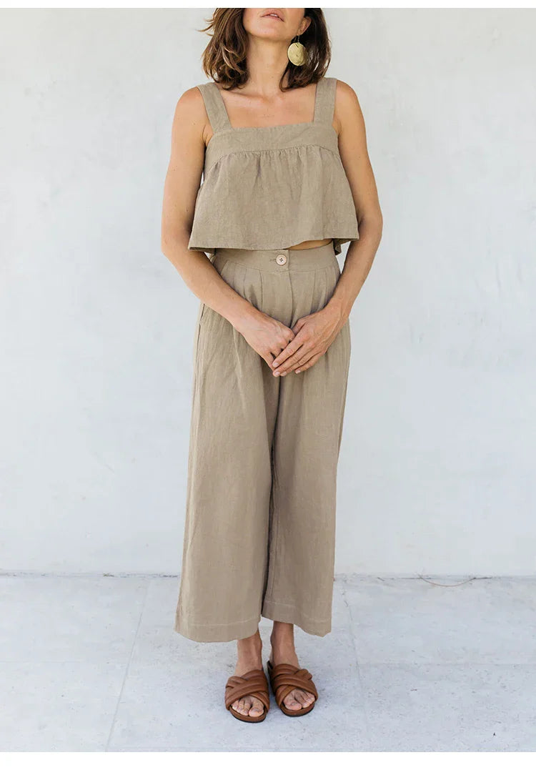Culottes de Lino para Mujer con Talle Alto y Pliegues Frontales