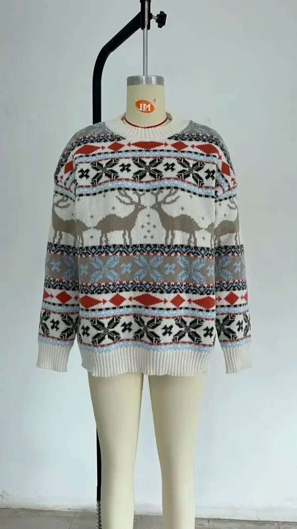 Jersey de Punto Navideño para Mujer con Cuello Redondo y Estampado Festivo Holgado