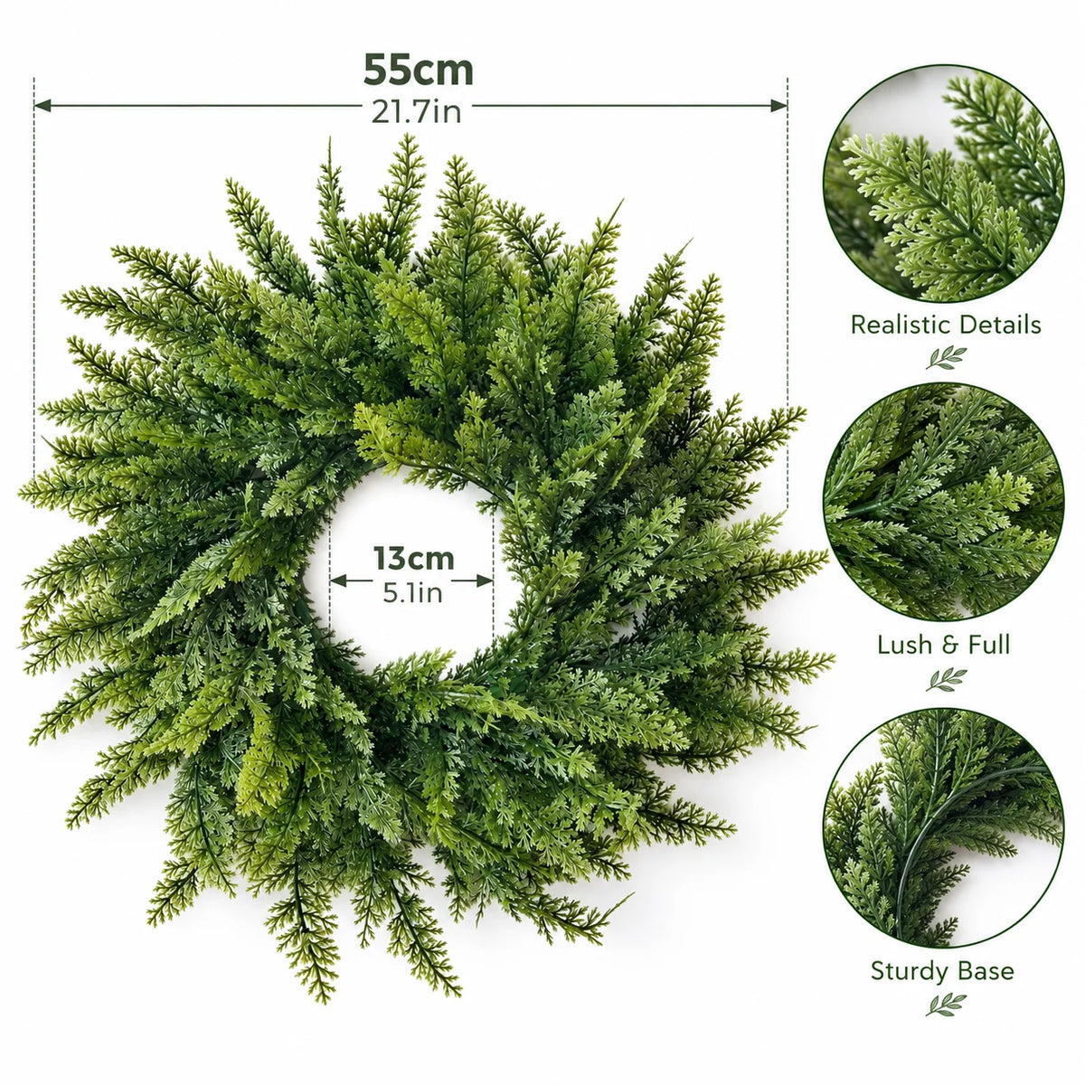 Umělý kulatý věnec z borovicového jehličí o průměru 45 cm na dveře, okno nebo verandu